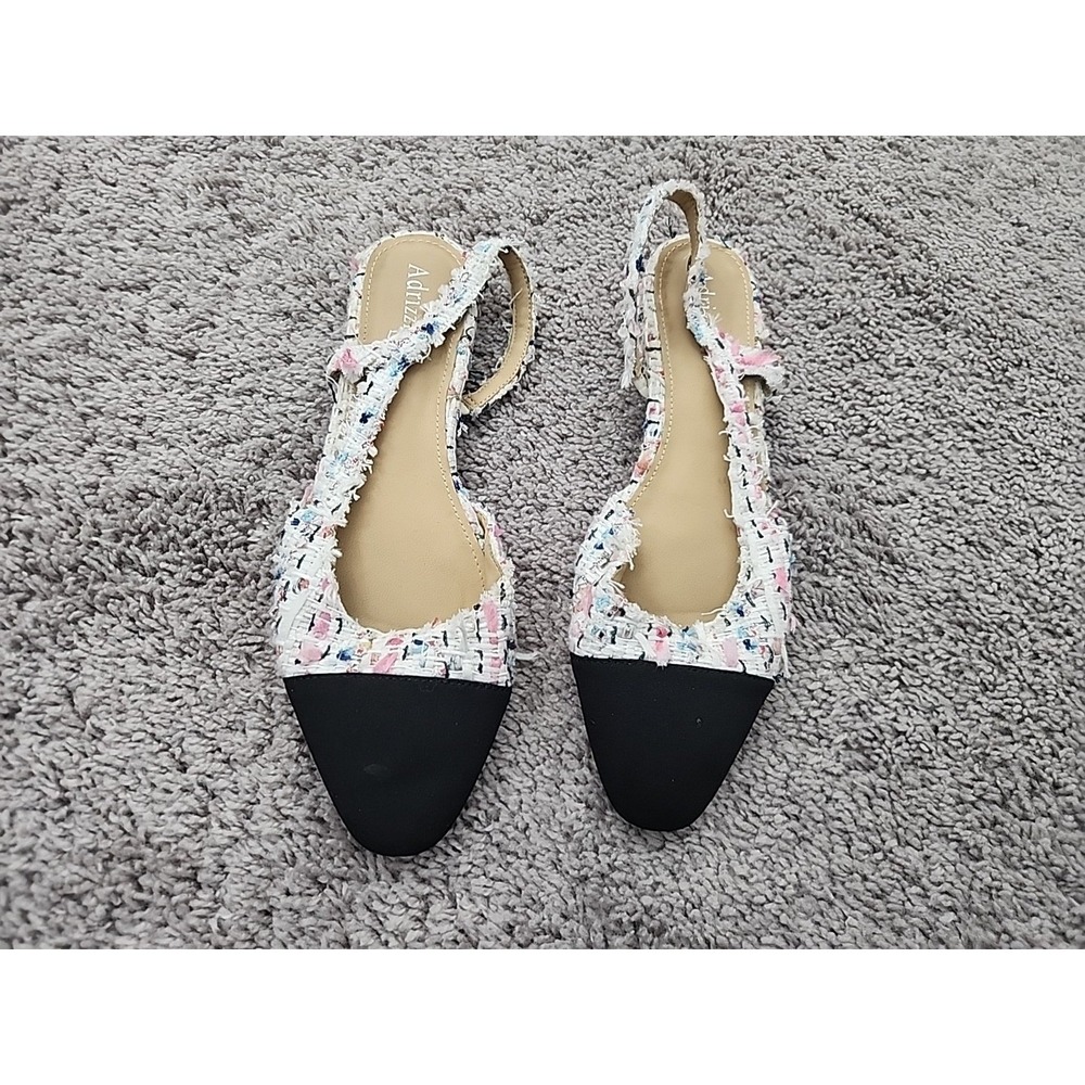 Adrizzlein Slingback Flats Women Size 9 Multi Color Tweed Black Cap Toe Frayed